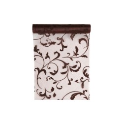 chemin de table 5m*28cm en organza ivoire arabesques chocolat (sl157)